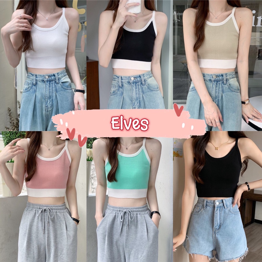 Elves พร้อมส่ง เสื้อสายเดี่ยวไหมพรม ทรงครอปตัวเล็กน่ารักสีพาสเทล ~22018~