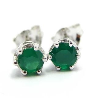 SKJewelryFactory EER00253-GAG ต่างหูพลอยแท้ ต่างหูกรีนอะเกทแท้ สีเขียวมรกต ต่างหูพลอยเม็ดเดี่ยว