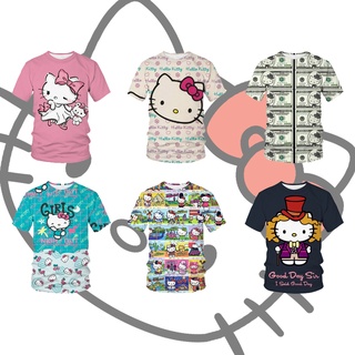 เสื้อยืดลําลอง แขนสั้น คอกลม พิมพ์ลาย Hello Kitty 3D ทรงหลวม แนวสตรีท เหมาะกับฤดูร้อน สําหรับสตรี 2021