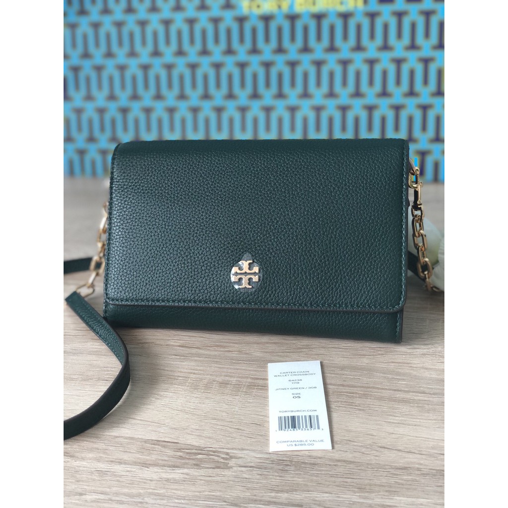 Tory Burch Carter Chain Wallet Green Leather Crossbody | Shopee Thailand