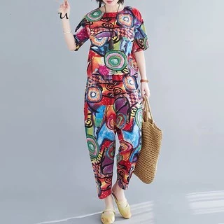 ชุดเซตผู้หญิง สองชิ้น เสื้อเเขนสั้น+างเกง9ส่วน พิมลาย ผ้านิ่มใส่สบาย128
