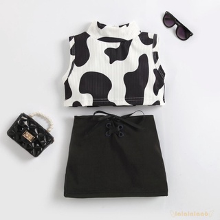 LAA6-Newborn Girl Tanks Tops + Skirt, Cow Pattern Adjustable Waist Straps Summer Clothing