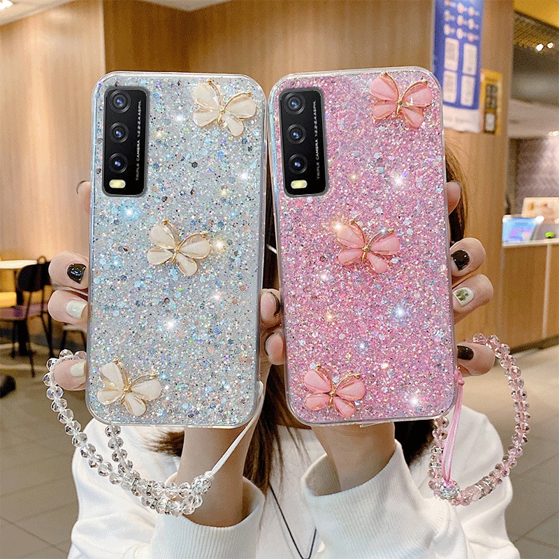 เคสซิลิโคน ลายกลิตเตอร์ พร้อมสายคล้อง หรูหรา สําหรับ Vivo Y15S Y15A Y21S Y33S Y21 Y20S Y12S Y20 2021 Y12 Y15 Y17 Y53S Y95 Y91 Y1S