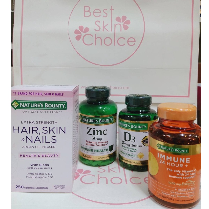 รวมวิตามิน Nature's Bounty Vitamin D3, Zinc 50mg,Hair Skin &amp;Nails with Biotin 5000,Immune 24 Hour with Ester-C