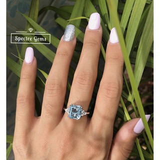 แหวนเงินแท้ 925 พลอยแท้ Sterling Silver Ring 92.5% topped with Blue Topaz (Blue) ชุบโรเดียม *พร้อมส่ง*