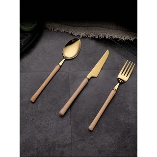 ช้อน ส้อม มีดสแตนเลส สีทอง ด้ามไม้ Golden Stainless Steel Spoon With Wooden Handle