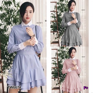 👗Pfashion [ส่งไว!!🚛] P6674 เดรสริ้วสั้นแต่งระบาย 3 ชั้น + สายผูกเอว  Short dress with 3 layers of ruffle + wai