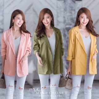 เสื้อสูท เบเซอร์ผ้าคอตต้อนผสมลินิน  มีกระเป๋าด้านหน้า🦄Lady Loose Fit Blazer🦄