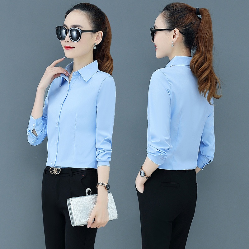 เสื้อเชิ้ตสีพื้นสำหรับสตรีแขนยาว สลิม สีน้ำเงิน เสื้อทำงานแฟชั่นเกาหลี เสื้อผ้าทำงาน
