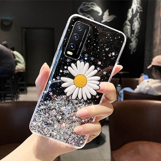 เคสโทรศัพท์ Vivo Y12S / VIVO Y20 2020 New Back Cover Fashion Bling Glitter Star Transparent Case With Daisy Folding Stand Holder Softcase