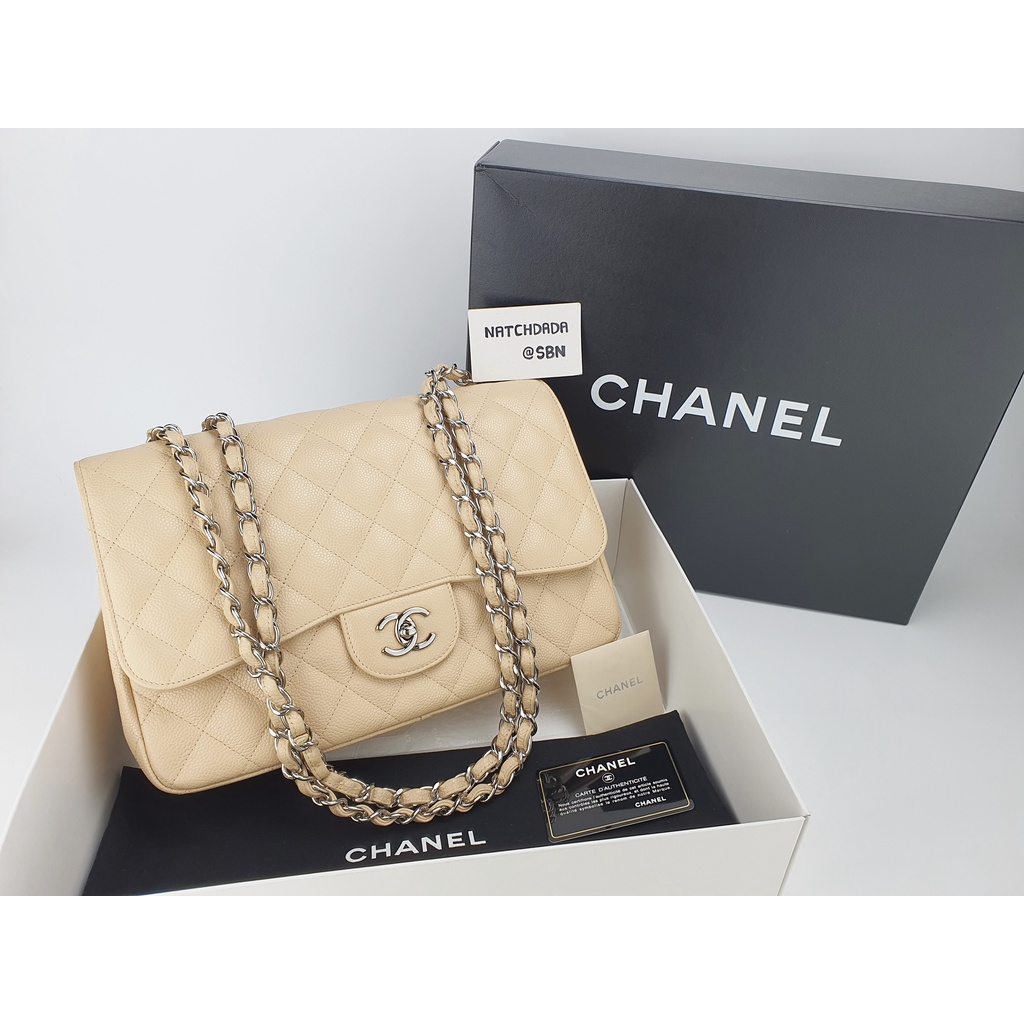 USED!!! CHANEL CLASSIC 12" JUMBO SINGLE FLAP BEIGE CAVIAR SHW