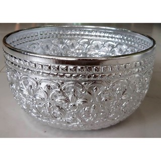 New Morning ขันอลูมิเนียมลายไทยลายดอกไม้ ลายนูนเด่นชัด 26 cm Aluminium Bowl in Silver Color Flower Pattern Embossed