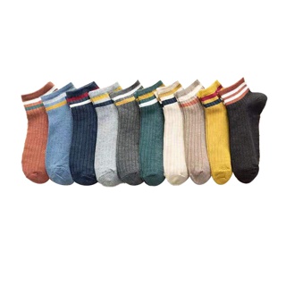 (W-091) ถุงเท้าสีพื้น 10 สีข้อคาดสี ถุงเท้าข้อสั้น ถุงเท้าแฟชั่น ลายน่ารัก เนื้อผ้านุ่ม