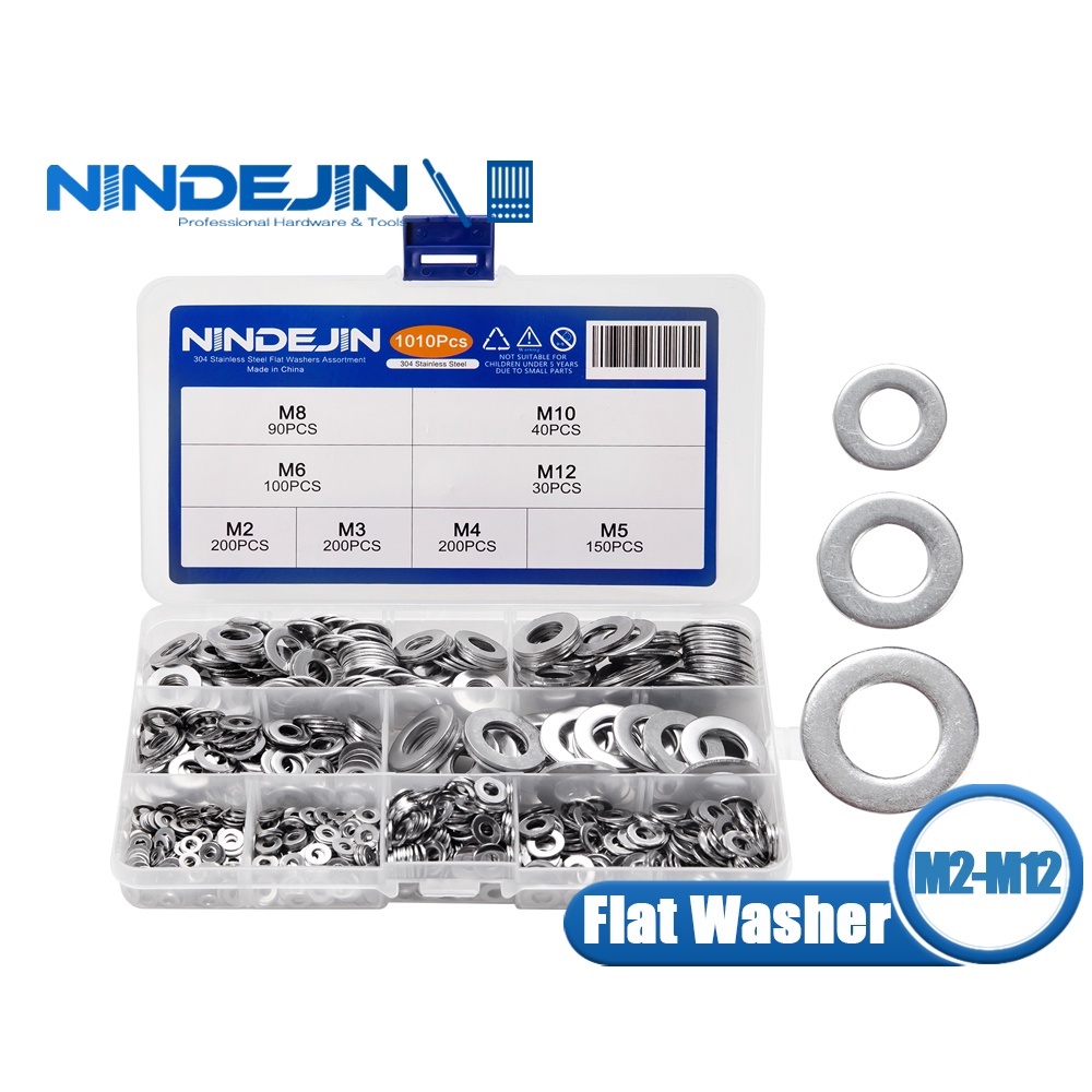 ☒NINDEJIN Flat Washer GB97 M2 M3 M4 M5 M6 M8 M10 M12 304 Stainless Steel 620/1010 PCS