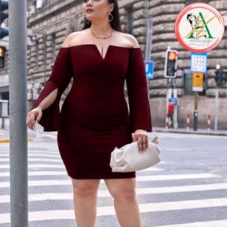 Plus Size เดรสสาวอวบ เดรสออกงาน เดรสเปิดไหล่ ผ่าแขน คอ V 1XL-5XL