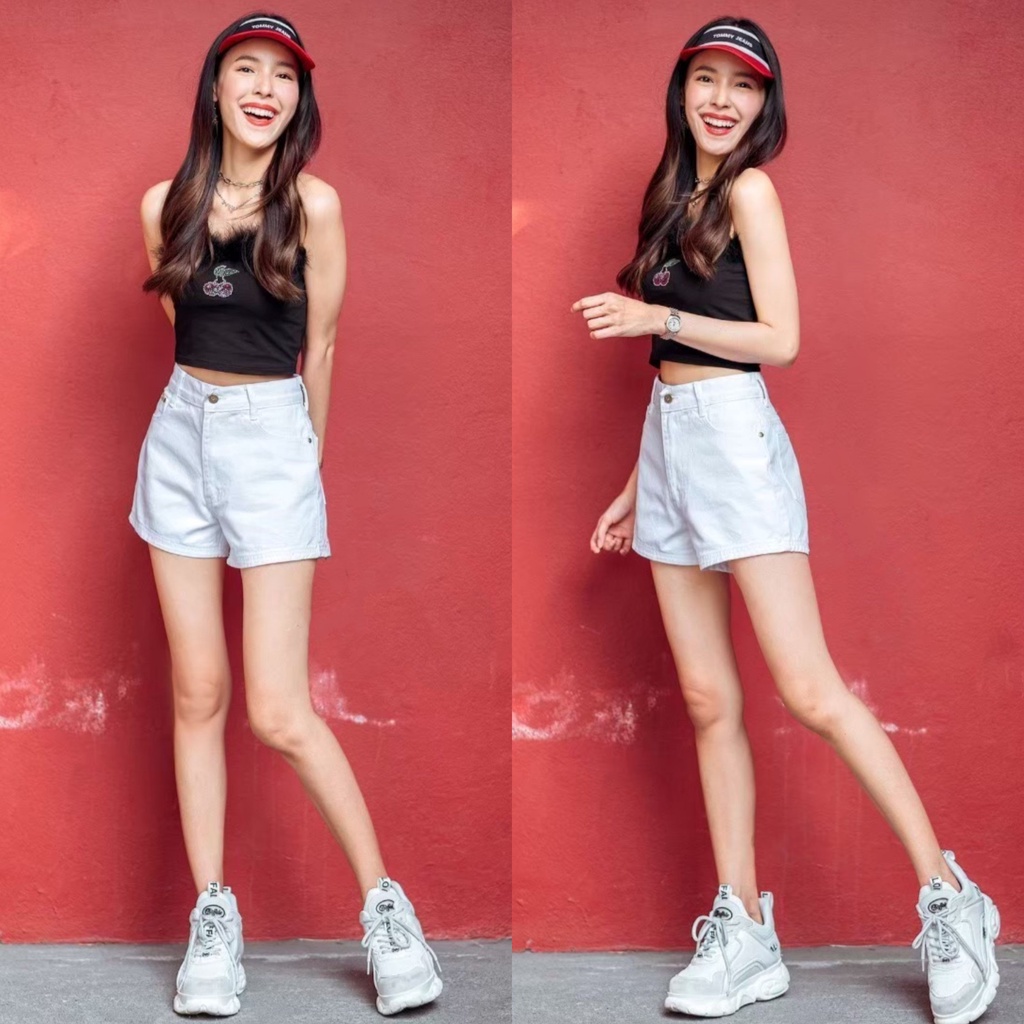 กางเกงยีนส์ขาสั้น สีขาว เอวสูง รุ่นเรียบ เรียบง่ายแต่ดูดีมีสไตล์