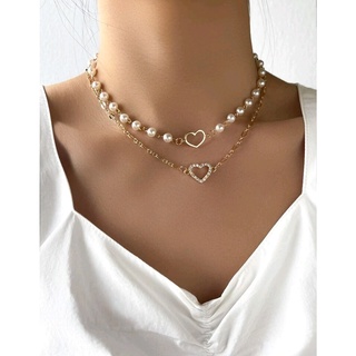 สร้อยคอแฟชั่น สร้อยคอ 2 ชิ้น สร้อยคอมุก รูปหัวใจ 2pcs Faux Pearl Heart Decor Necklace (ส่งจากไทย)