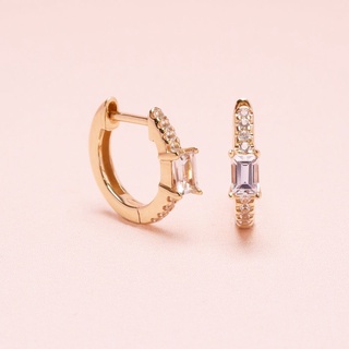 Grace Fine Jewelry ต่างหูห่วงทองแท้ 9K Pave Baguette with  White Sapphire Huggies