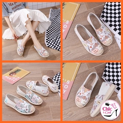 & รองเท้าผ้าใบ ทรงสลิปออน ลายกราฟฟิกน่ารัก เก๋ๆ เบอร์ 35-40 มี 2 สี ส้ม ชมพู