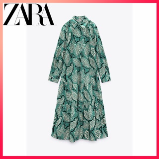 Zara ฤดูร้อนใหม่ ผู้หญิง เย็บชั้น กุ๊น พิมพ์ลาย ชุดมิดี้