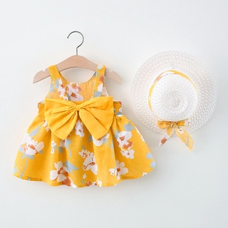 FiFi Baby 2 ชิ้น ชุดกระโปรงเด็ก+หมวก ชุดเด็กผู้หญิงโบว์ summer color ผ้าสีสดใส น่ารักดี(5เดือน－4 ขวบ)