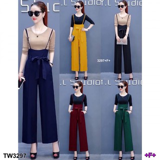 TW3297 Set 2 ชิ้น เสื้อยืดแขนยาว+เอี้ยมสายเดี่ยวขายาว เพิ่มดีเทลด้วยเชือกผูกเอว **สอบถามก่อนสั่งซื้อ**