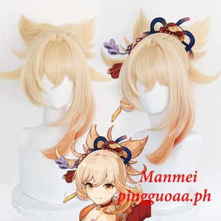 Manmei Genshin Impact Yoimiya Cosplay 50cm Wig Blond Orange Wig Cosplay Anime Cosplay Wigs Heat Resistant Synthetic Wigs Hair Halloween