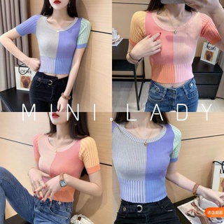 Mini.Lady💜💙พร้อมส่งจากไทยเสื้อแขนสั้นคอกลมลายตารางสวยเก๋มาก(2972)