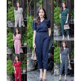 TW7362Set 2ชิ้น เสื้อแขนตุ๊กตา สีพื้นเรียบ เนื้อผ้าซาร่า แต่งกระดุมหน้าอก มาพร้อมกับกางเกงขายาว รอบเอวยืดสม้อคหลัง