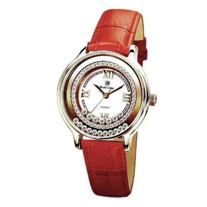 Royal Crown นาฬิกาประดับเพชรสวยงาม สำหรับสุภาพสตรี สายหนังแท้ รุ่น STR 3638L RD (Red)
