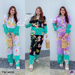 PP14698 Set #BigSize เสื้อเชิ้ตแขนยาว+กางเกงขายาว ลายดอกไม้