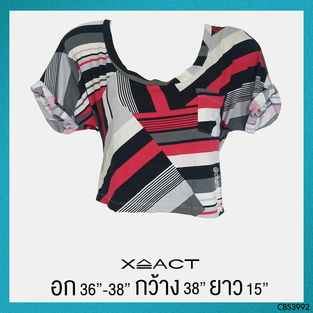 💖USED Xact - Black Graphic Crop Top | เสื้อครอปท็อปสีดำ เสื้อครอป แขนสั้น ลายกราฟฟิก สายฝอ แท้ มือสอง