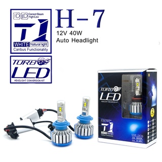 หลอดไฟหน้ารถยนต์ หลอดไฟรถยนต์ LED ไฟหน้า LED H7 ไฟ 40w. ความสว่าง 11000 ลูเมน แสงขาว 6000K 2 หลอด รุ่นใหม่ T1 กล่องน้ำเง