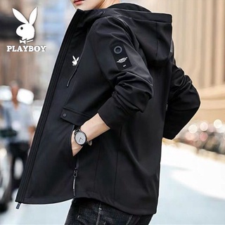 Playboy เสื้อแจ็กเก็ตลําลอง มีฮู้ด ทรงหลวม พลัสไซซ์ สไตล์เกาหลี แฟชั่นฤดูใบไม้ผลิ และฤดูใบไม้ร่วง สําหรับผู้ชาย 2LNV