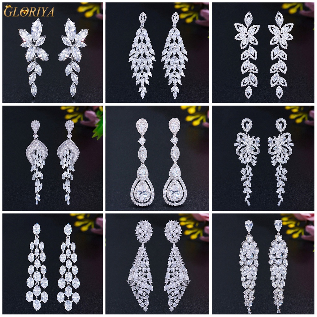GLORIYA งดงามงานแต่งงาน Noble เจ้าสาว Cubic Zirconia เพชรคริสตัล Long Drop Dangle ต่างหูผู้หญิงเงินสีเครื่องประดับ E613