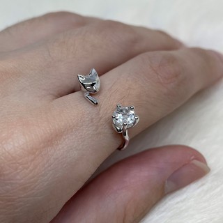 Rhodium plated sterling silver cat ring แหวนเงิน ชุบโรเดียม รูปแมว พลอยธรรมชาติ white topaz (โทพาซ)