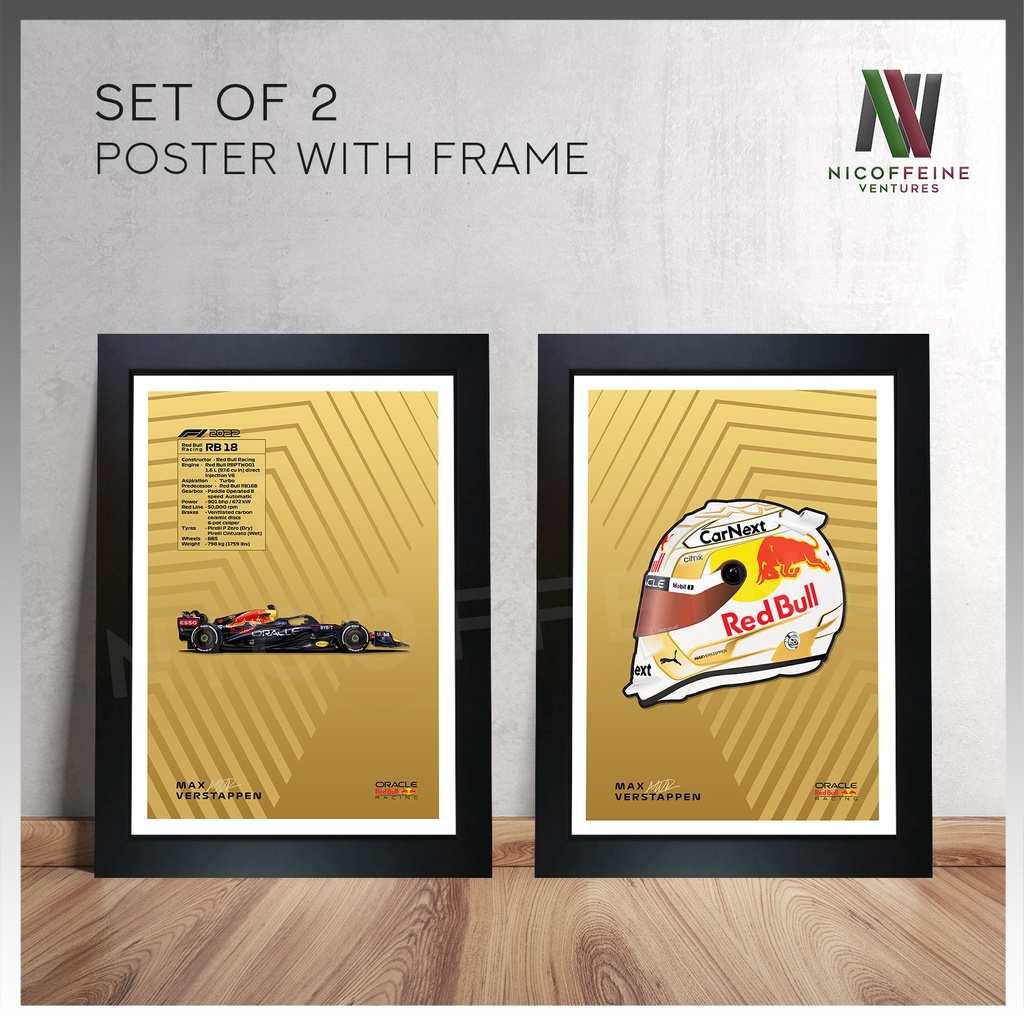 [SET 2] A3 SIZE 2022 Max Verstappen RedBull Racing RB18 F1 Formula One Car and Helmet Minimal Art Po