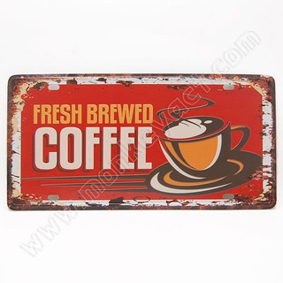 ป้ายสังกะสีวินเทจ Fresh Brewed Coffee (ปั๊มนูน)