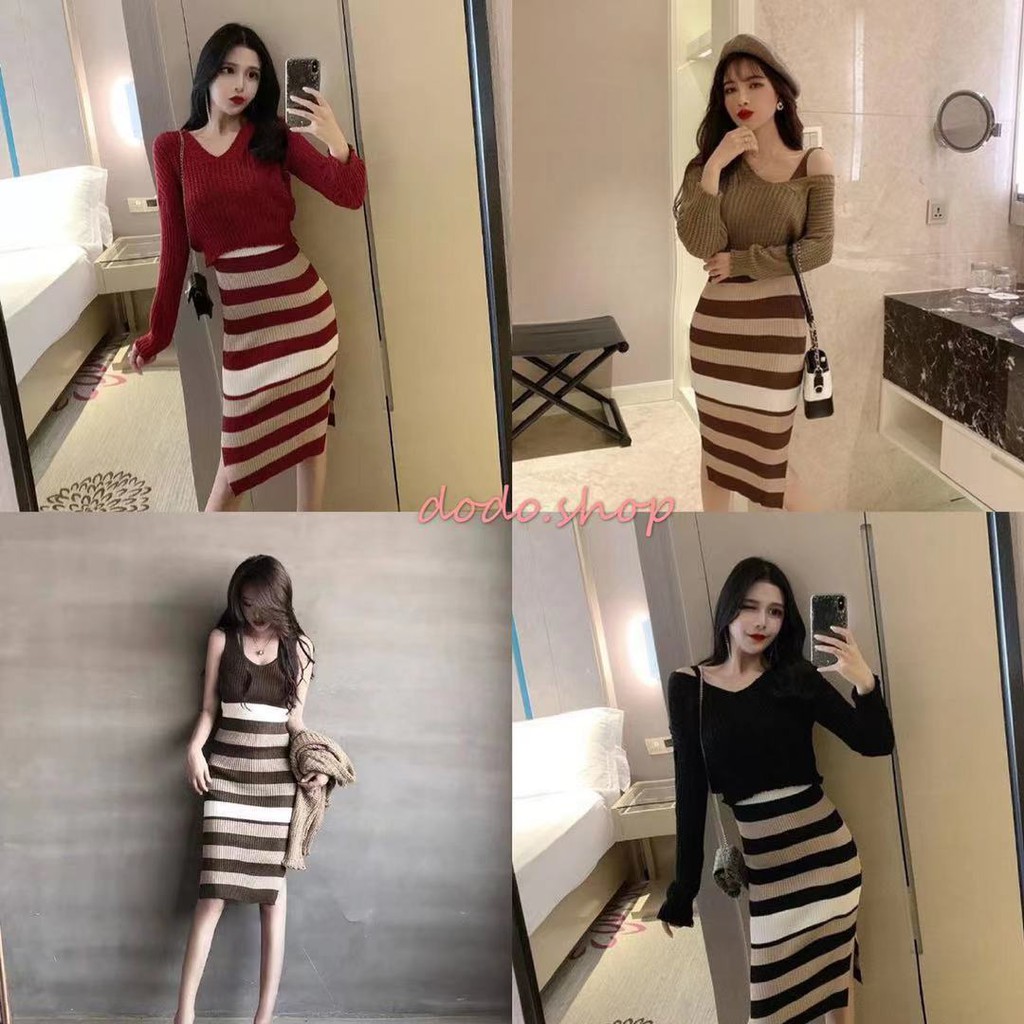 DODO*พร้อมส่ง*ชุดเดรส+เสื้อครอปแขนยาว ผ้าไหมพรม สวยดูด(136)