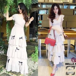 Maxidress แม็กซี่เดรสยาวคอวีป้ายหน้า แขนระบาย งานมีซิปซ่อนหลังเอวไม่สม็อค