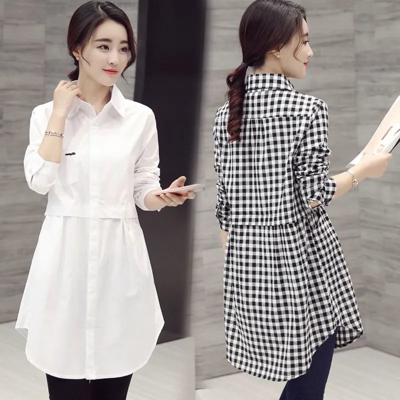 เสื้อเบลาส์แขนยาว คอปก ทรงหลวม ขนาดใหญ่ ลายสก๊อต สําหรับผู้หญิง