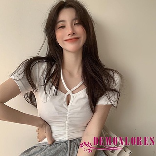 Demonlores-Women Casual Korean Style Crop Tops Solid Color Short Sleeve Slim-Fit Pleated Tops