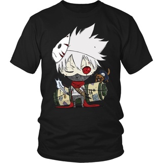 ผ้าฝ้ายคอกลม เสื้อยืด ผ้าฝ้าย พิมพ์ลายอนิเมะ Chibi Ninja Kakashi Naruto Sharingan Dog สีดํา สําหรับผู้ชาย RT645