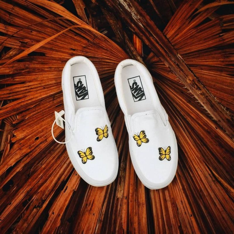 Vans รองเท้าสลิปออน ลายผีเสื้อ สีเหลือง สีขาว