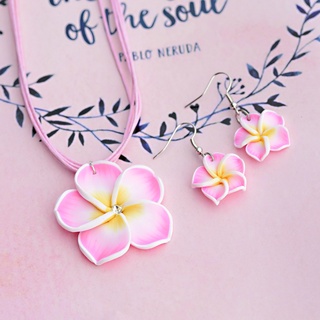 ชุดเครื่องประดับ สร้อยคอ ต่างหู ดินน้ํามัน ลายดอกไม้ Fimo Frangipani ฮาวาย 6 สี สําหรับเด็กผู้หญิง 2023 1 ชุด
