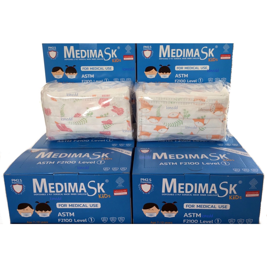รุ่นใหม่ ! หน้ากากอนามัย แมส สำหรับเด็ก ลายการ์ตูน Medimask Kids ASTM F2100 Level 1 กล่องละ 50 ชิ้น