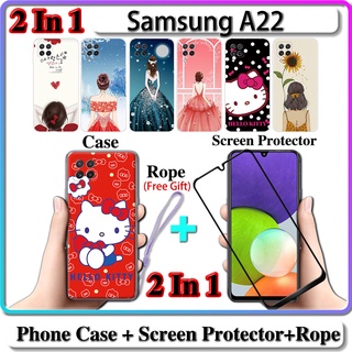 2 IN 1 เคส Samsung A22 เคส พร้อมกระจกนิรภัยโค้ง ป้องกันหน้าจอ เซรามิค สําหรับเด็กผู้หญิง และคิตตี้