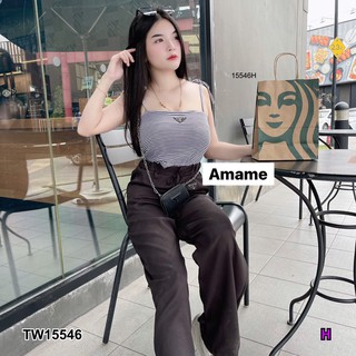 PP15546 Set 2 ชิ้น เสื้อสายเดี่ยวผูกไหล่ลายริ้วอกปักโลโก้ + กางเกงขายาว