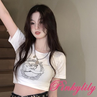 Pink-เสื้อยืดครอปท็อปลําลอง แขนสั้น คอกลม พิมพ์ลาย Angel Baby แฟชั่นฤดูร้อน สไตล์สตรีท สําหรับสตรี