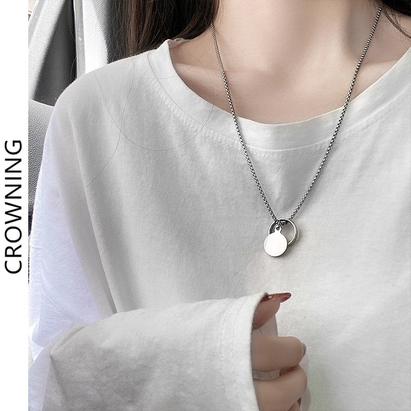 สร้อยคอโซ่ไม่มีสีสไตล์ฮิปฮอปพร้อมจี้แหวนสําหรับคู่รักผู้ชายผู้หญิง ข908